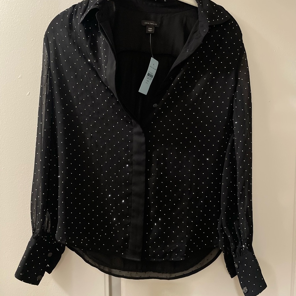 Black Sparkle, Rhinestone Dots Button-Up Blouse NWT